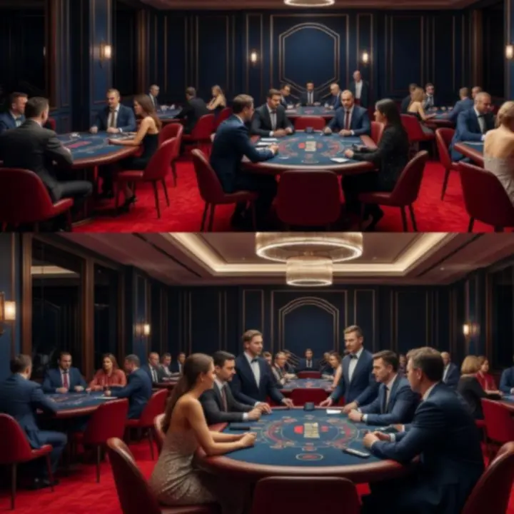 Cinematiczne ujęcie eleganckiego wieczoru kasynowego z gośćmi przy stołach do gier.
